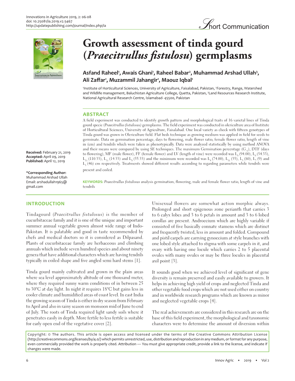 Growth Assessment of Tinda Gourd (Praecitrullus Fistulosu) Germplasms