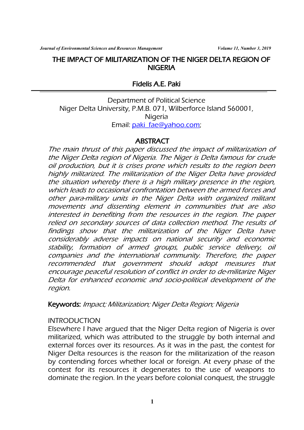 The Impact of Militarization of the Niger Delta Region of Nigeria