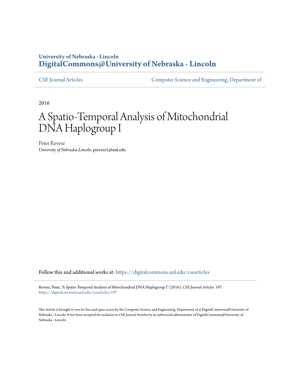 A Spatio-Temporal Analysis of Mitochondrial DNA Haplogroup I Peter Revesz University of Nebraska-Lincoln, Prevesz1@Unl.Edu