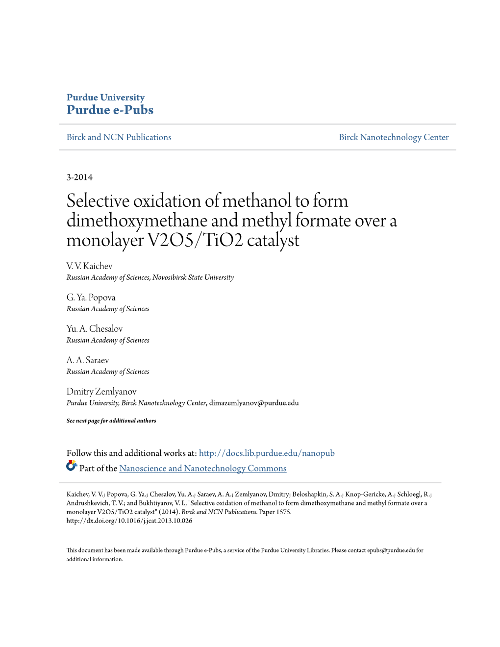 Selective Oxidation of Methanol to Form Dimethoxymethane and Methyl Formate Over a Monolayer V2O5/Tio2 Catalyst V