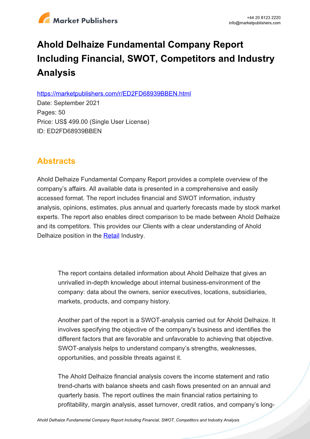 Ahold Delhaize Fundamental Company Report Including