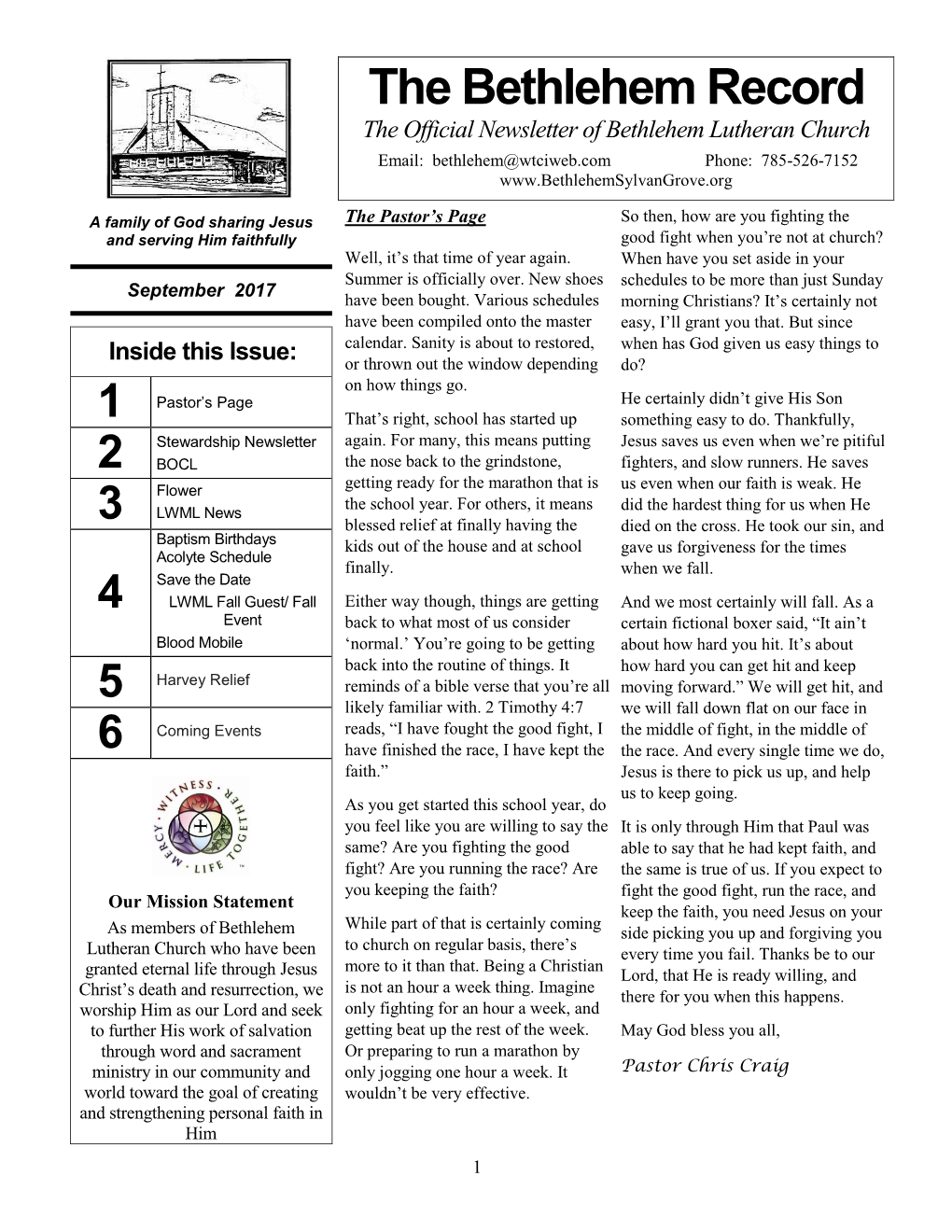 The Bethlehem Record the Official Newsletter of Bethlehem Lutheran Church