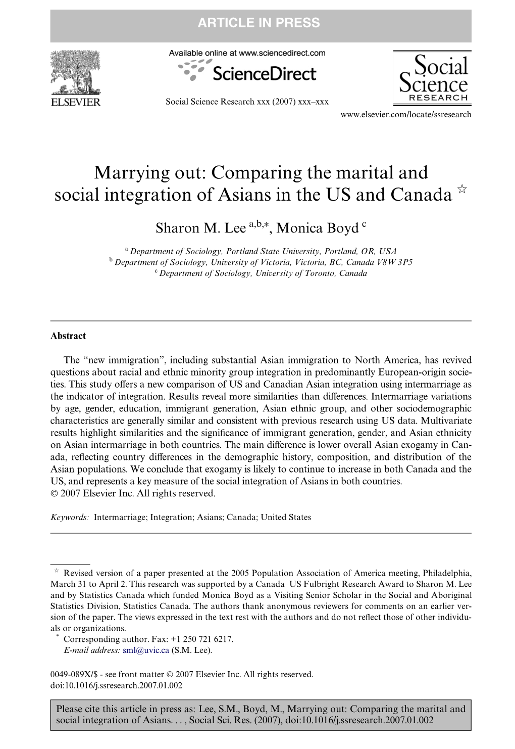 Marrying Out: Comparing the Marital and Social Integration of Asians in the US and Canada ଝ