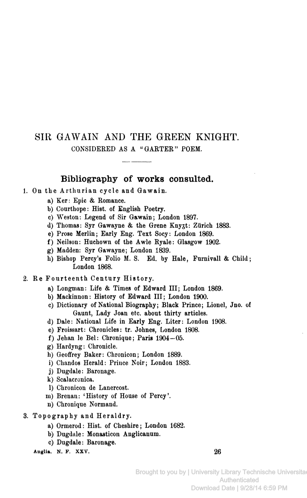 SIR GAWAIN and the GREEN KNIGHT. Bibliography of Works