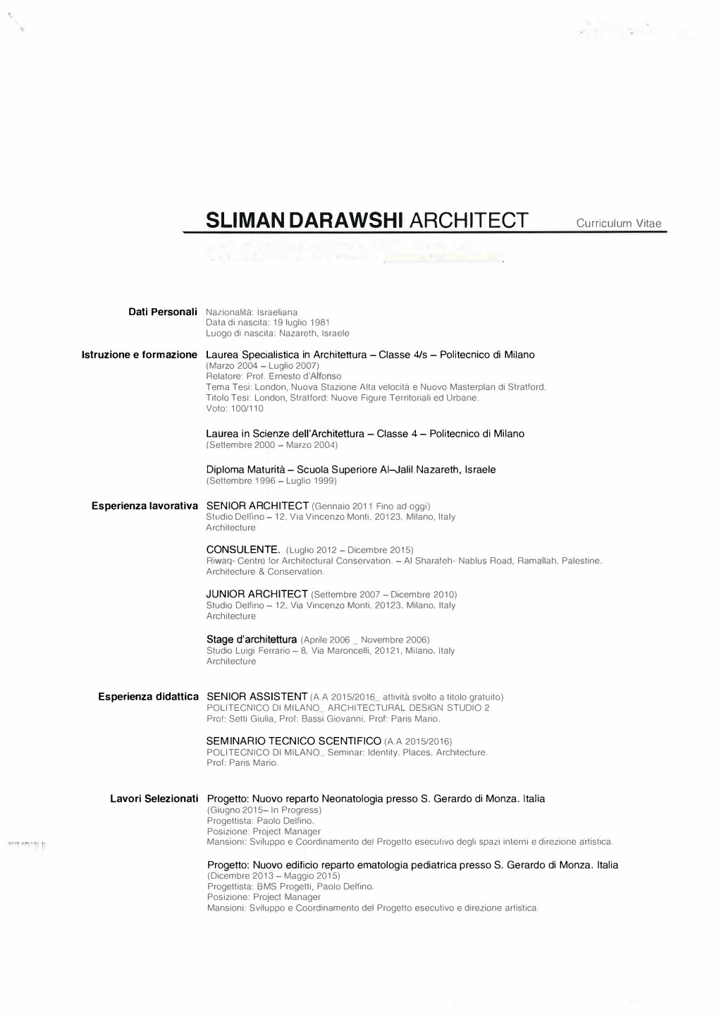 SLIMAN DARAWSHI ARCHITECT Curriculum Vitae