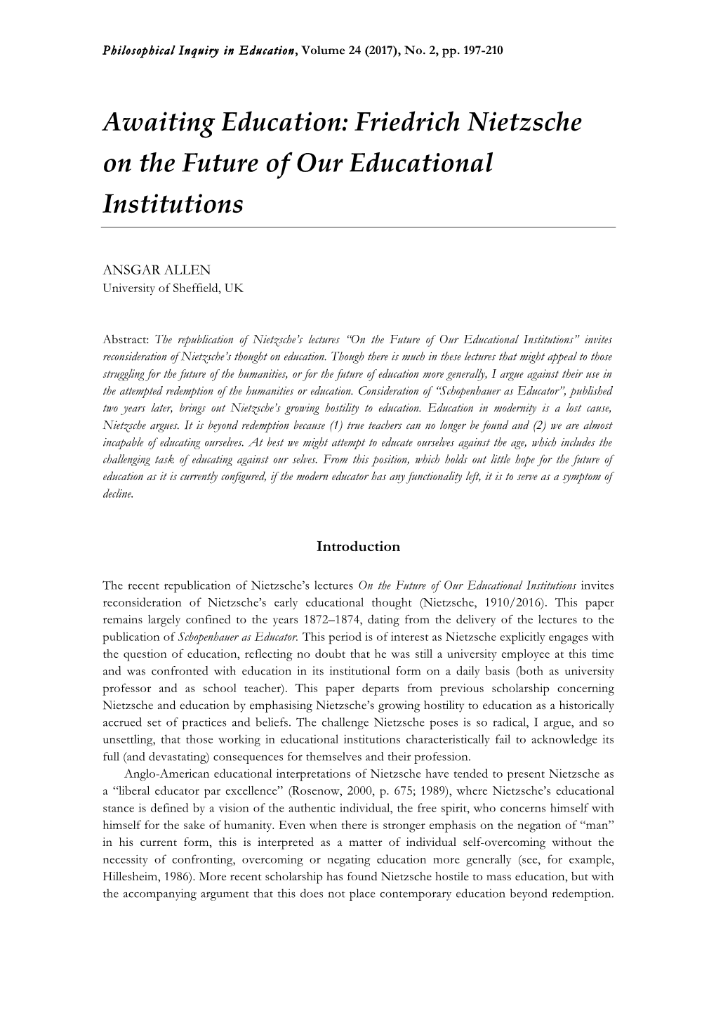 Friedrich Nietzsche on the Future of Our Educational Institutions