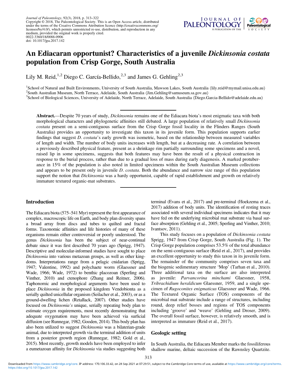 An Ediacaran Opportunist? Characteristics of a Juvenile Dickinsonia Costata Population from Crisp Gorge, South Australia