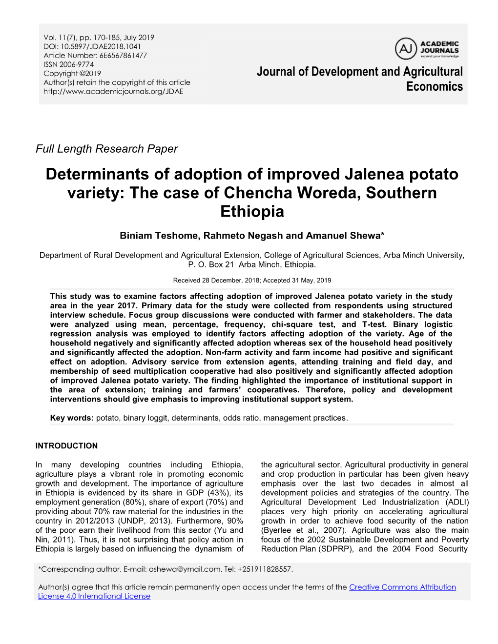 Determinants of Adoption of Improved Jalenea Potato Variety: the Case of Chencha Woreda, Southern Ethiopia