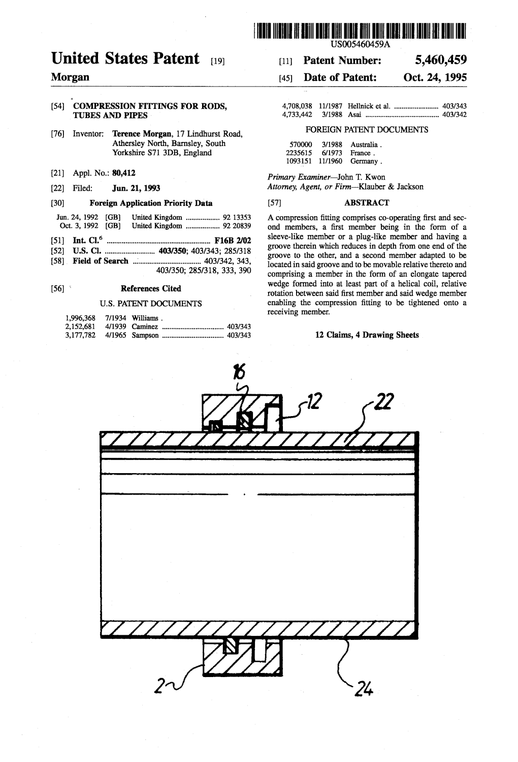 United States Patent 19 11 Patent Number: 5,460,459 Morgan 45) Date of Patent: Oct