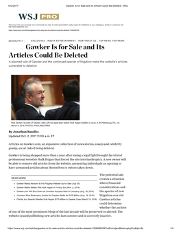 Gawker Is for Sale and Its Articles Could Be Deleted - WSJ