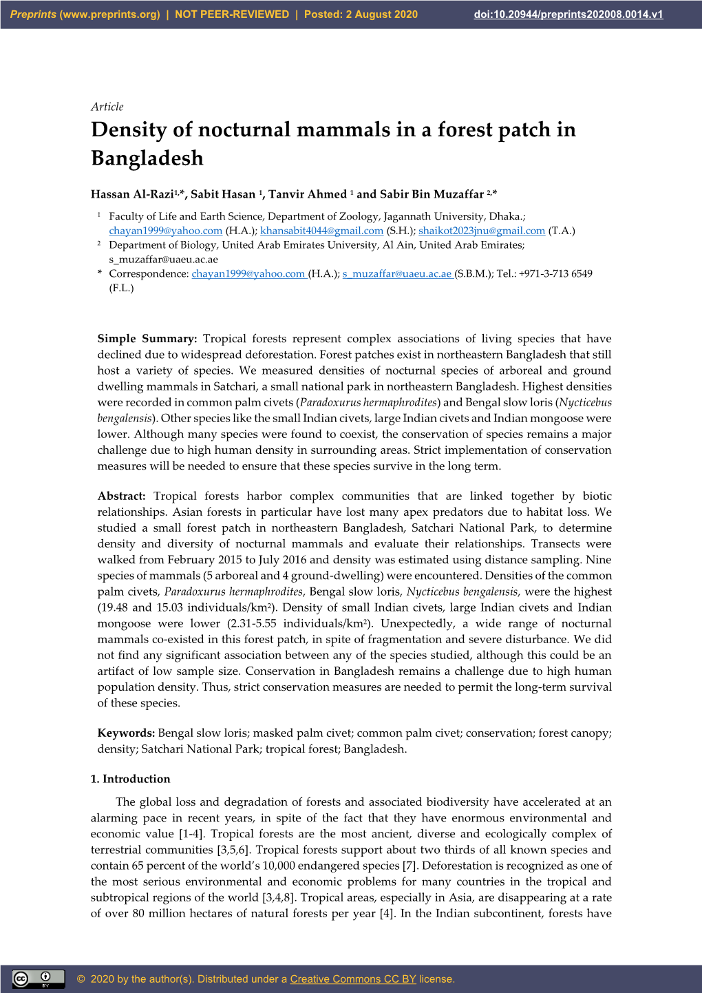 Density of Nocturnal Mammals in a Forest Patch in Bangladesh