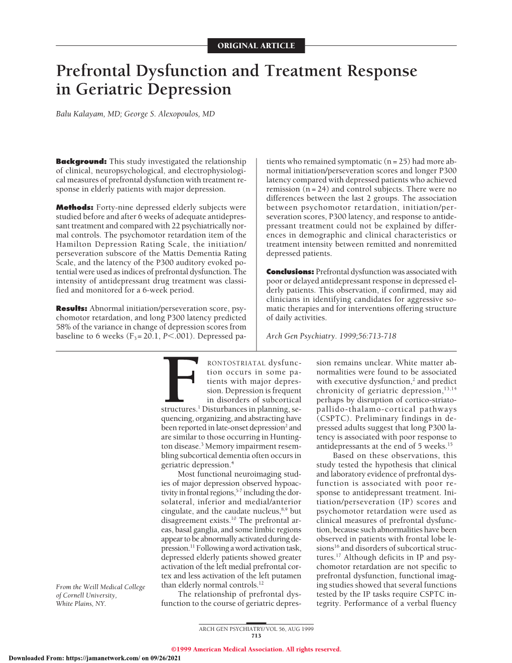 Prefrontal Dysfunction and Treatment Response in Geriatric Depression