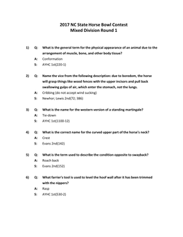 2017 State Mixed Horse Bowl All Questions