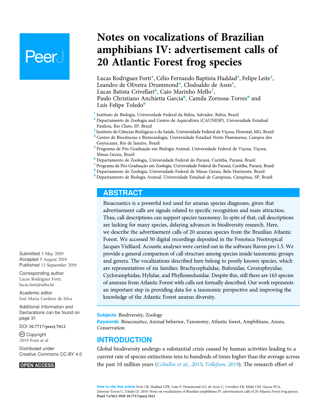 Notes on Vocalizations of Brazilian Amphibians IV: Advertisement Calls of 20 Atlantic Forest Frog Species