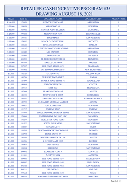 35 Retailer Cash Incentive Program # Drawing August 18, 2021