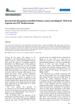 Record of the Bluespotted Cornetfish Fistularia Commersonii Rüppell, 1838 in the Ligurian Sea (NW Mediterranean)