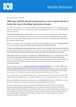 ABC Tops AACTA Award Nominations As New Report Shows It Leads the Way in Backing Australian Drama