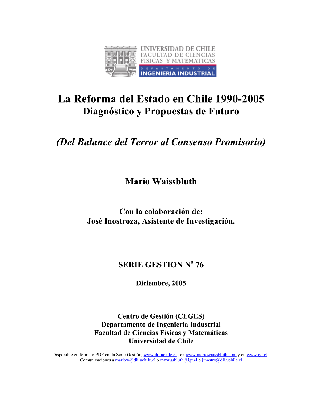 La Reforma Del Estado En Chile 1990-2005 Diagnóstico Y Propuestas De Futuro