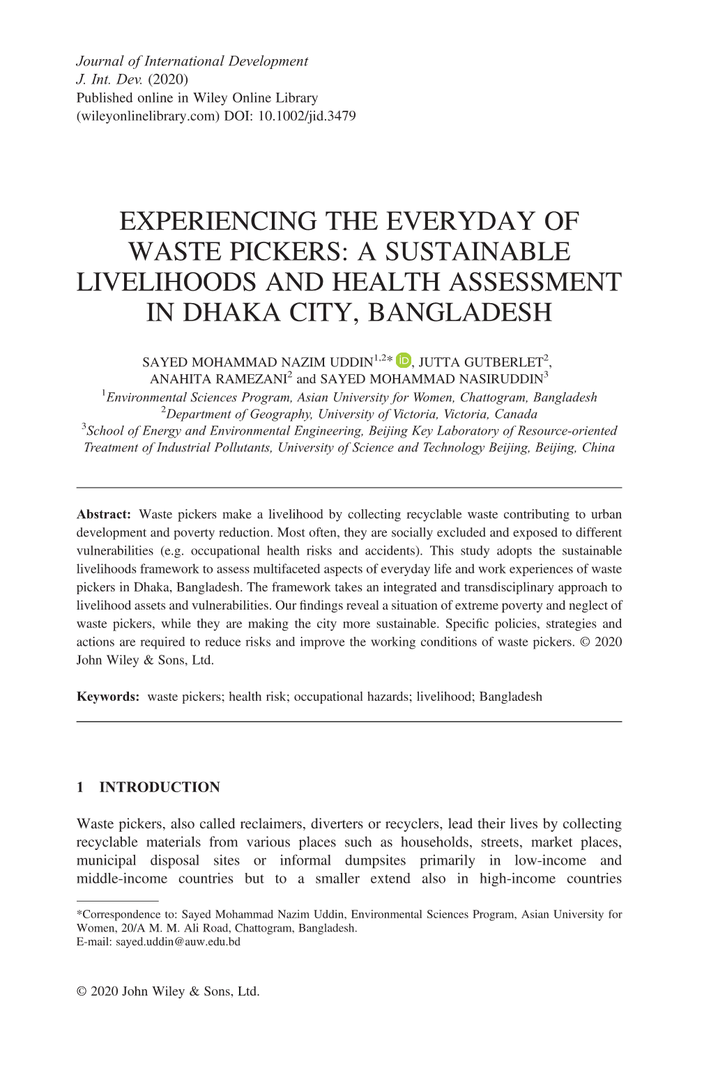 Experiencing the Everyday of Waste Pickers: a Sustainable Livelihoods and Health Assessment in Dhaka City, Bangladesh