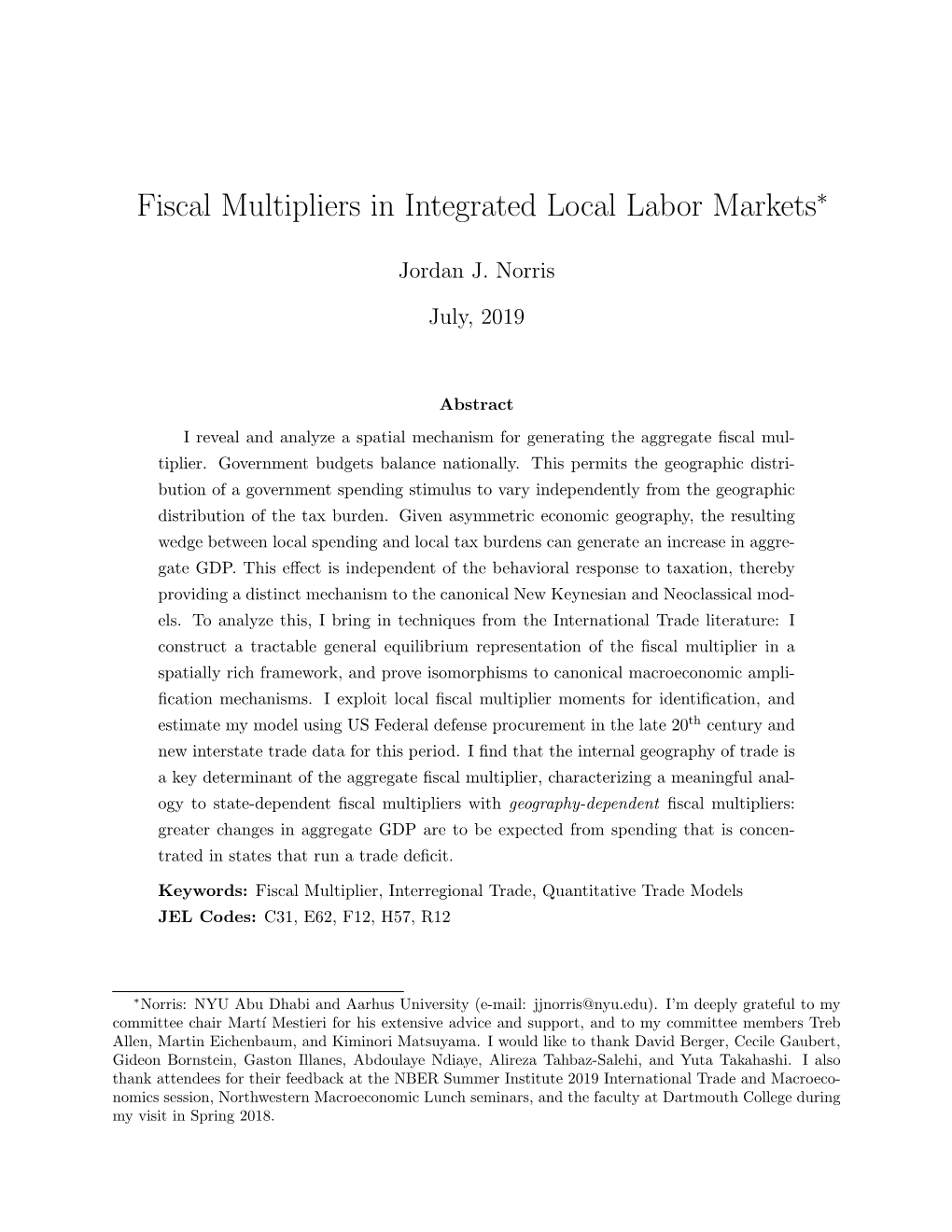 Fiscal Multipliers in Integrated Local Labor Markets∗