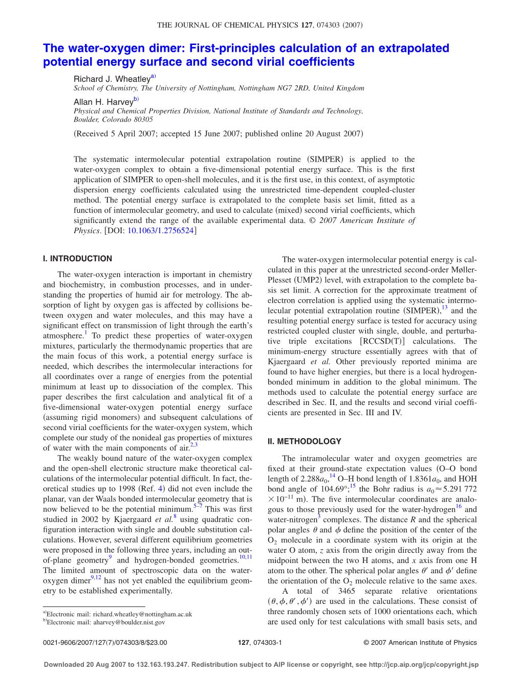 The Water-Oxygen Dimer: First-Principles Calculation of an Extrapolated Potential Energy Surface and Second Virial Coefﬁcients ͒ Richard J