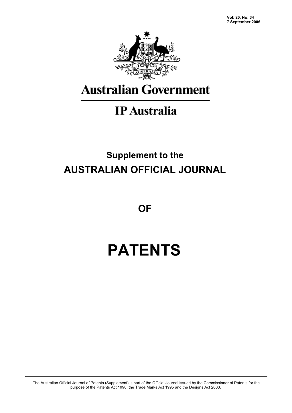 Supplement to the AUSTRALIAN OFFICIAL JOURNAL