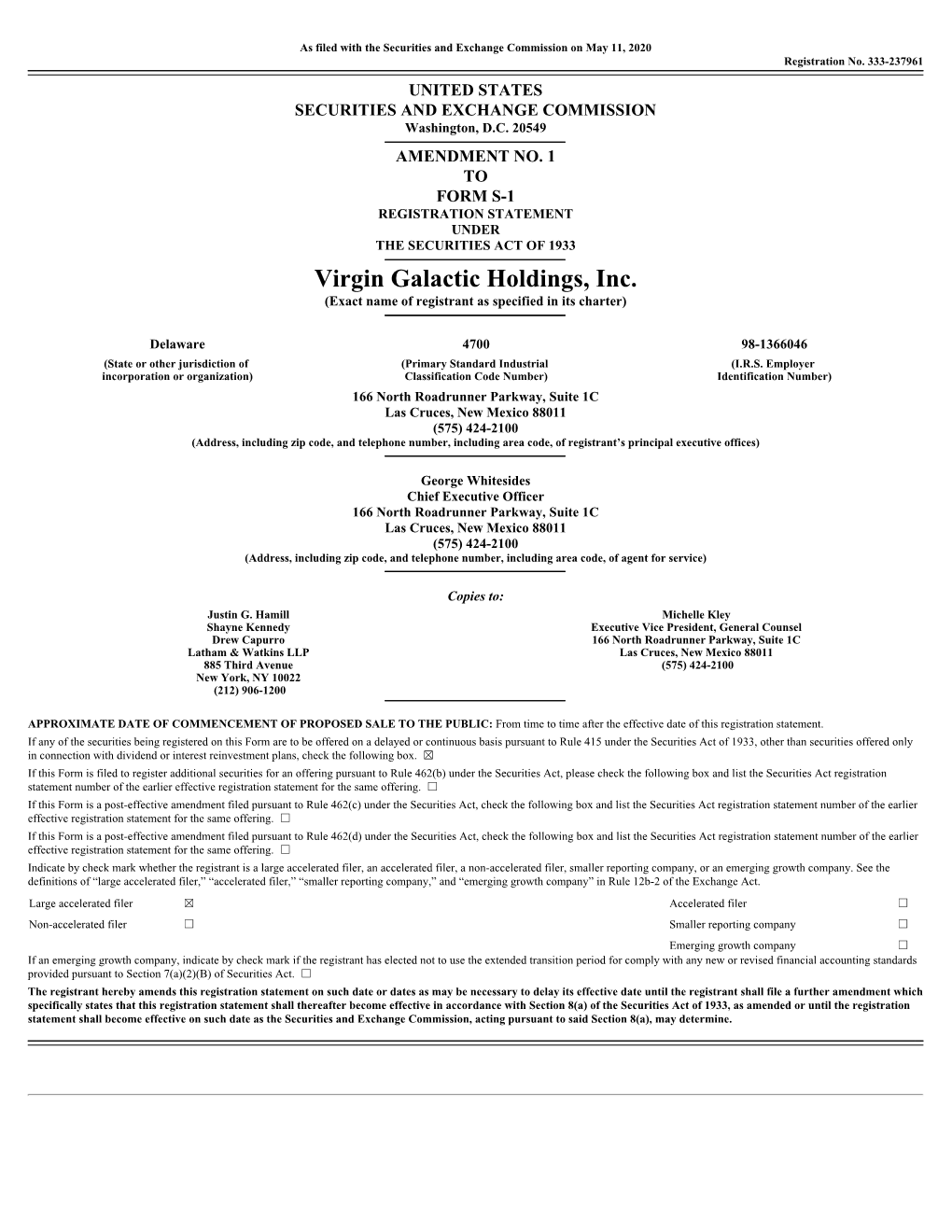 Virgin Galactic Holdings, Inc. (Exact Name of Registrant As Specified in Its Charter)