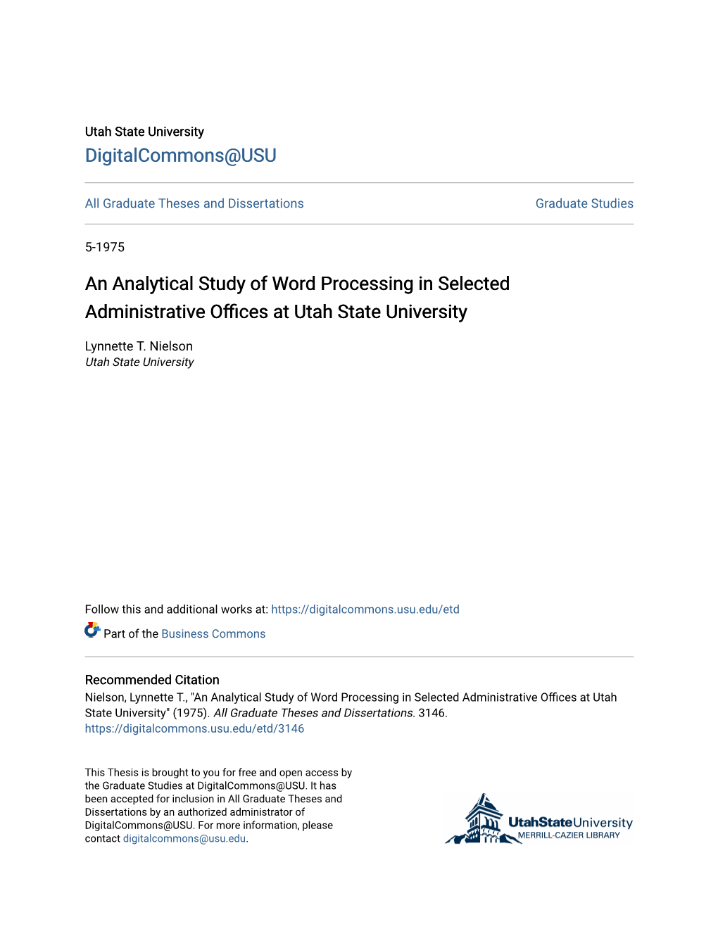 An Analytical Study of Word Processing in Selected Administrative Offices at Utah State University