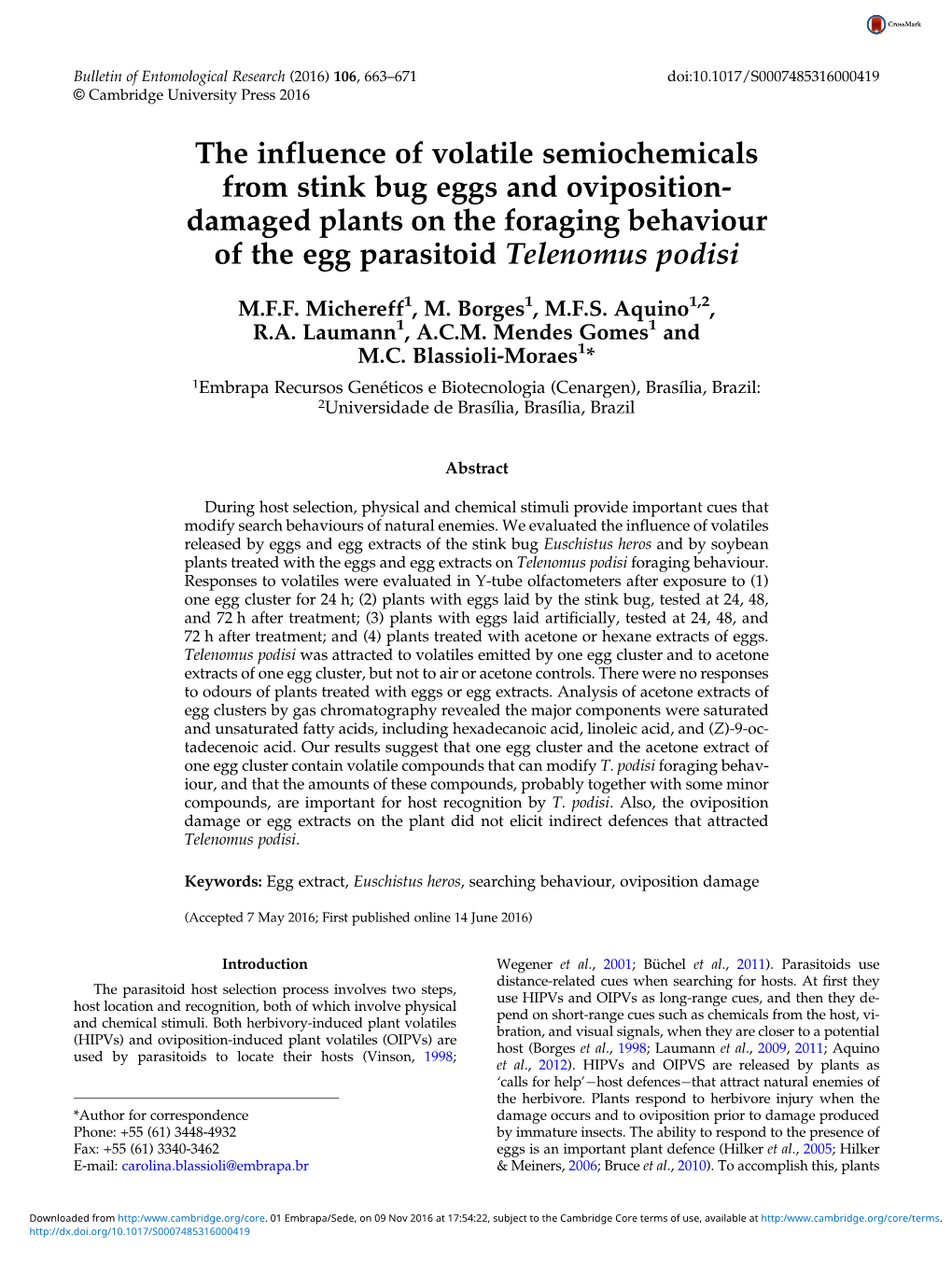 Damaged Plants on the Foraging Behaviour of the Egg Parasitoid Telenomus Podisi