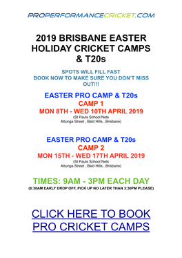 2019 Brisbane Easter Holiday Cricket Camps & T20s