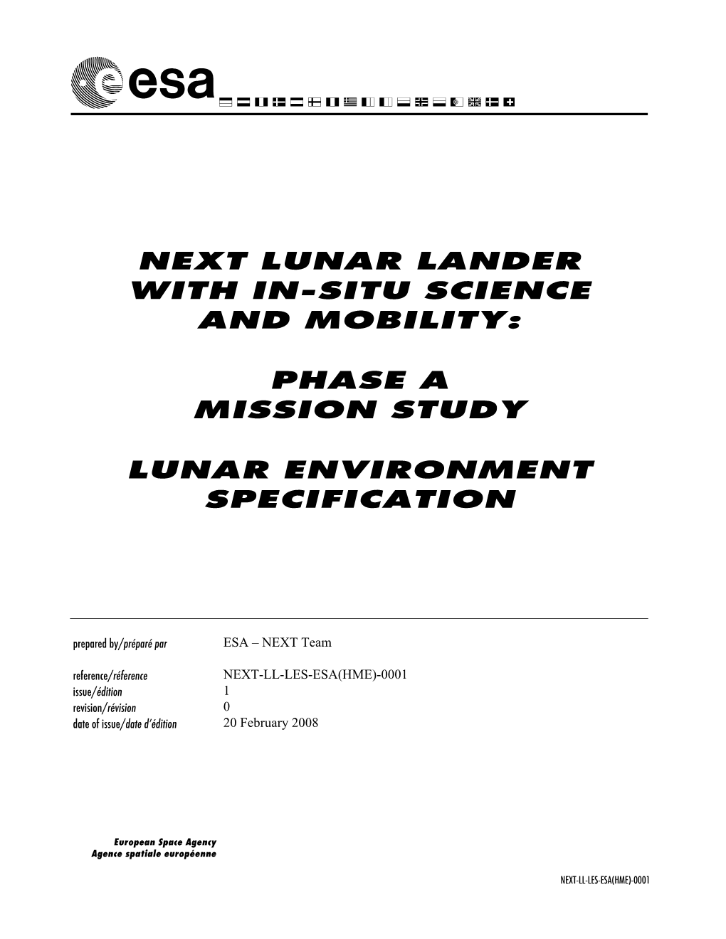 Lunar Environment Specification NEXT-LL-LES-ESA(HME)-0001 S Issue 1 Revision 0 Page Ii of V