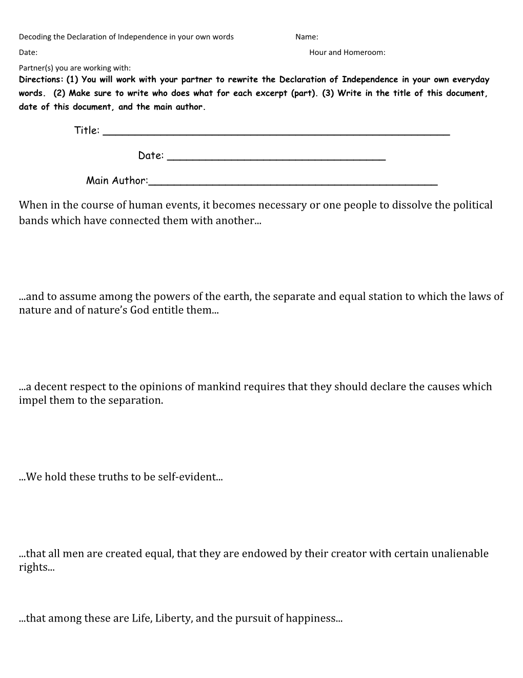 Decoding the Declaration of Independence in Your Own Words Name