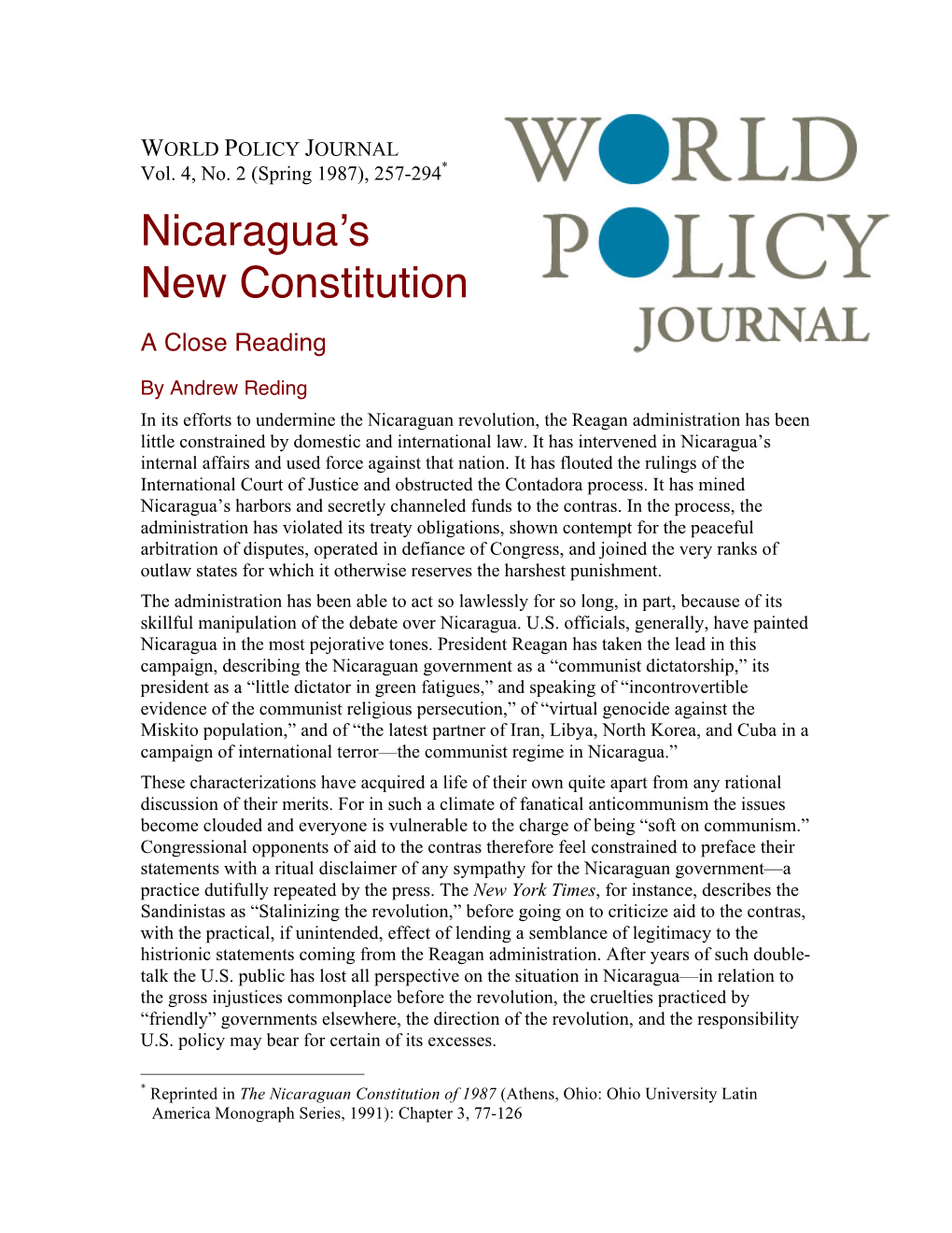 Nicaragua's New Constitution