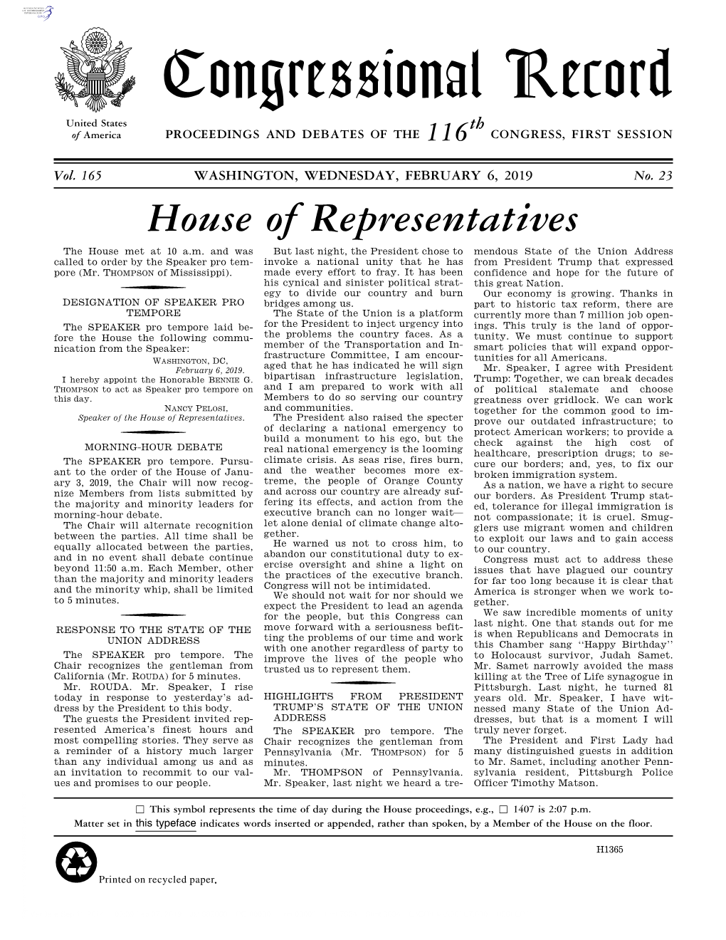 Congressional Record United States Th of America PROCEEDINGS and DEBATES of the 116 CONGRESS, FIRST SESSION