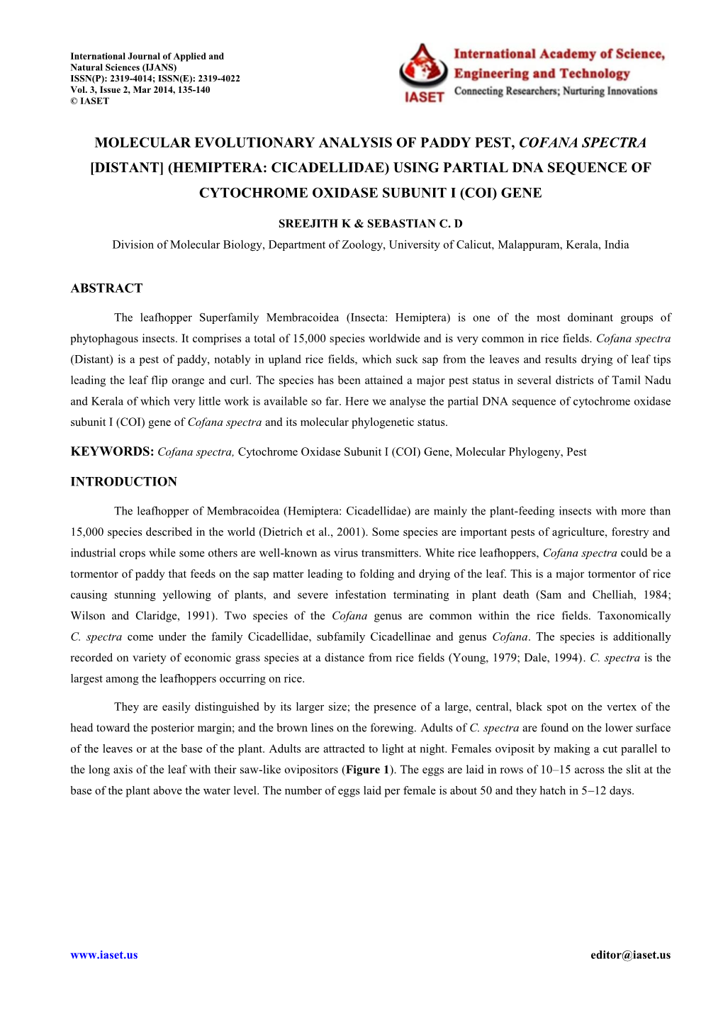 Hemiptera: Cicadellidae) Using Partial Dna Sequence of Cytochrome Oxidase Subunit I (Coi) Gene