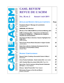 Caml Review Revue De L'acbm Vol. 39, No. 2 August / Août 2011