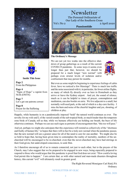 Newsletter the Personal Ordinariate of Our Lady of the Southern Cross Vol 1 No 2 2 April 2020 Passiontide