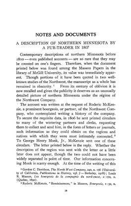 A Description of Northern Minnesota, by a Fur-Trader in 1807