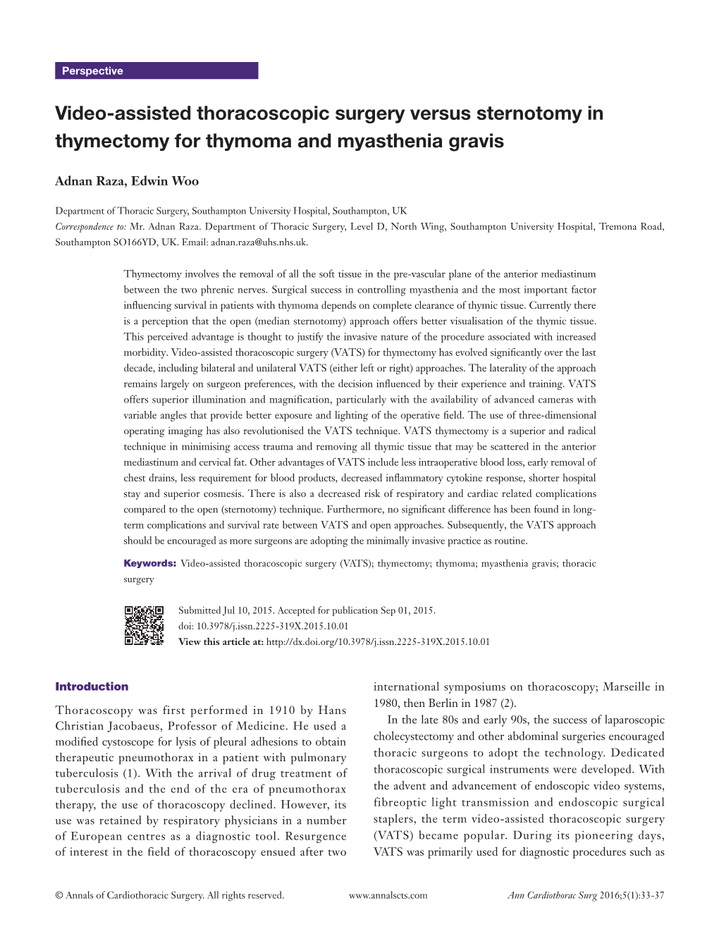 Video-Assisted Thoracoscopic Surgery Versus Sternotomy in Thymectomy for Thymoma and Myasthenia Gravis