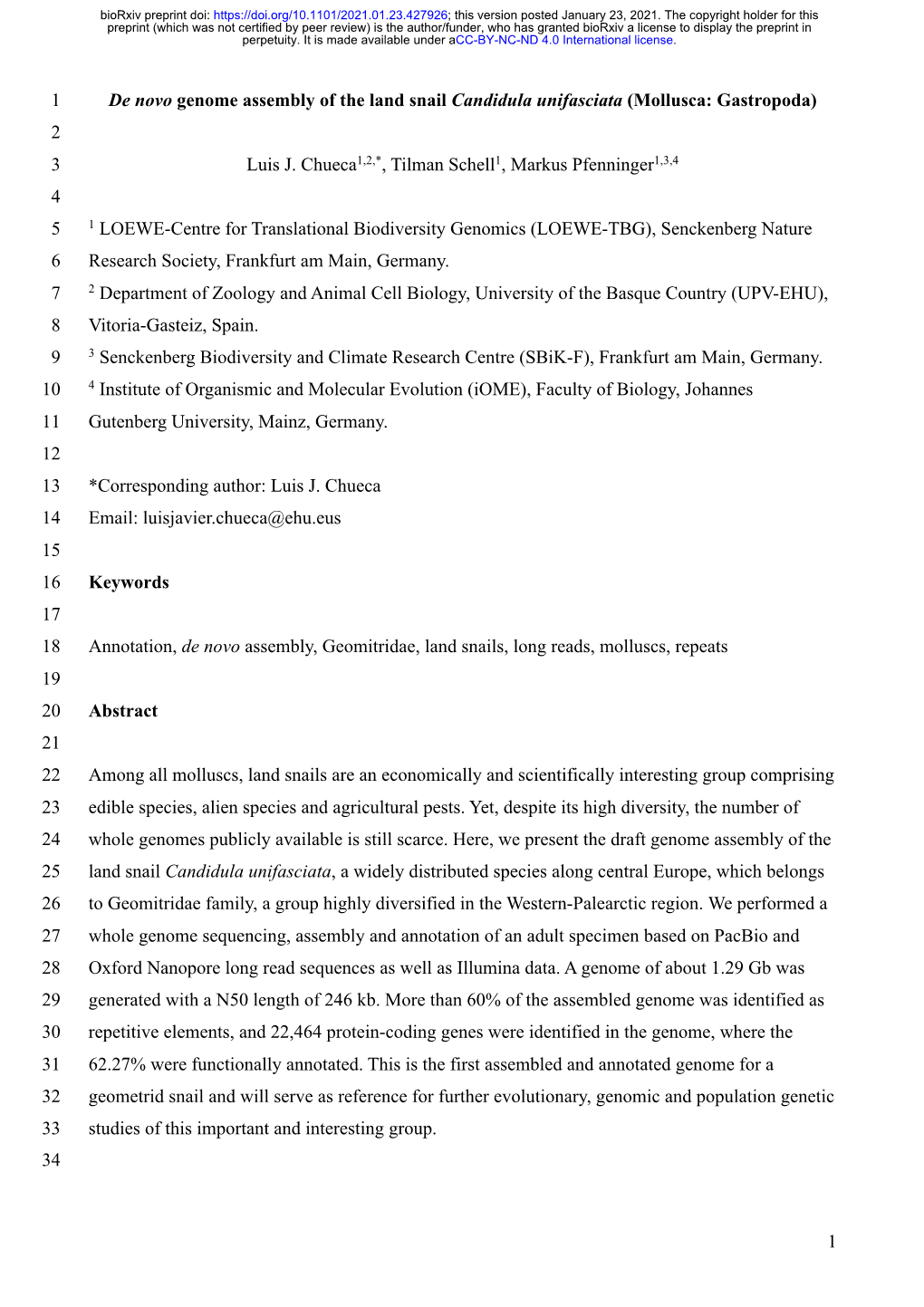 De Novo Genome Assembly of the Land Snail Candidula Unifasciata (Mollusca: Gastropoda) 2 3 Luis J