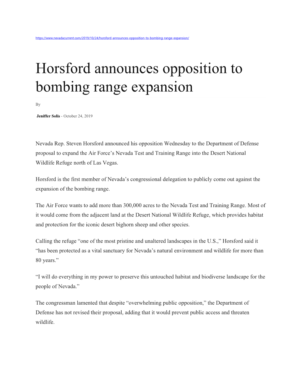 Horsford Announces Opposition to Bombing Range Expansion