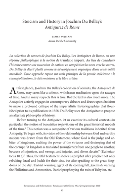 Stoicism and History in Joachim Du Bellay's Antiquitez De Rome