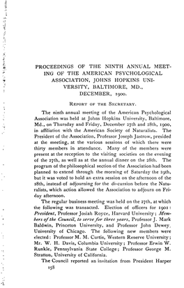 Proceedings of the Ninth Annual Meet- Ing of the American Psychological Association, Johns Hopkins Uni- Versity, Baltimore, Md., December, 1900