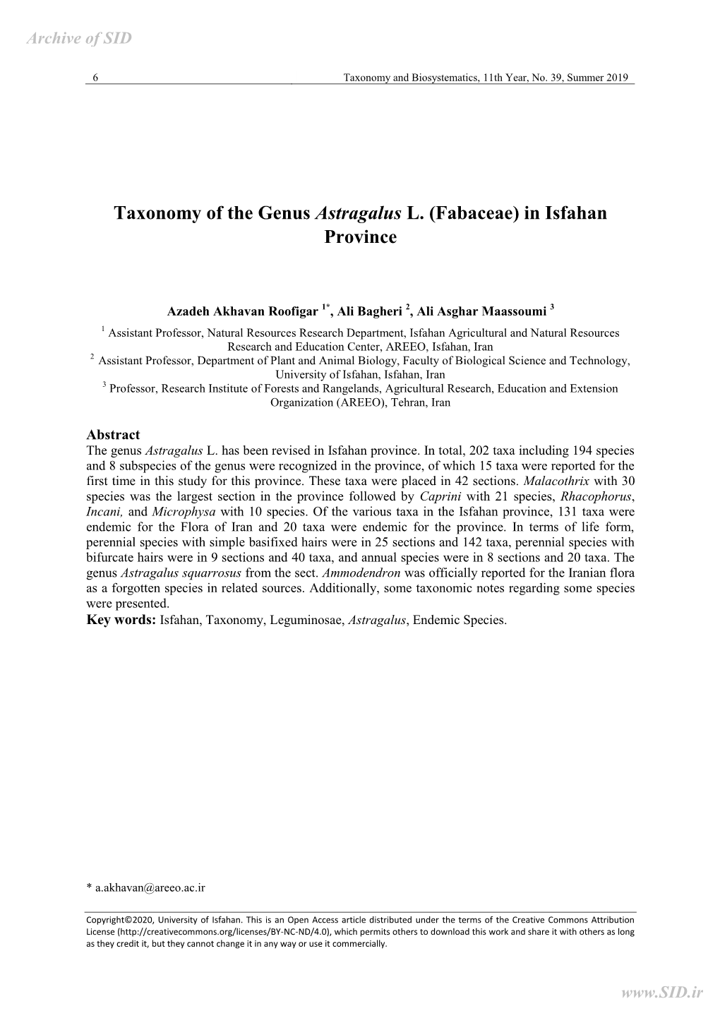 Taxonomy of the Genus Astragalus L. (Fabaceae) in Isfahan Province