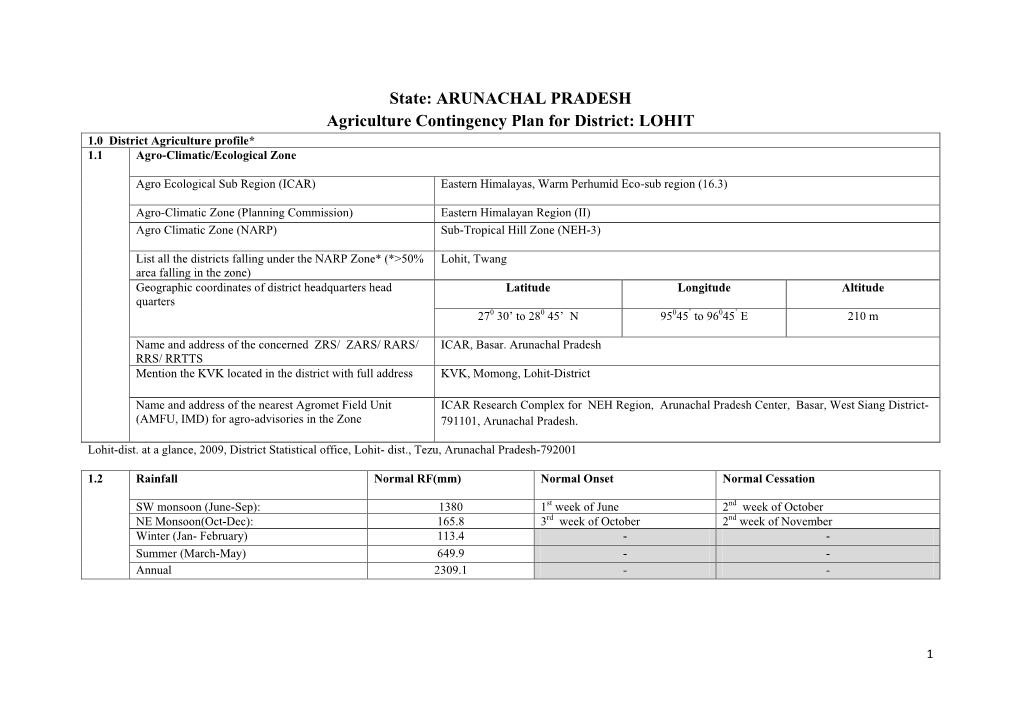 LOHIT 1.0 District Agriculture Profile* 1.1 Agro-Climatic/Ecological Zone