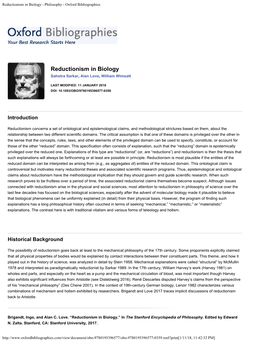 Reductionism in Biology - Philosophy - Oxford Bibliographies