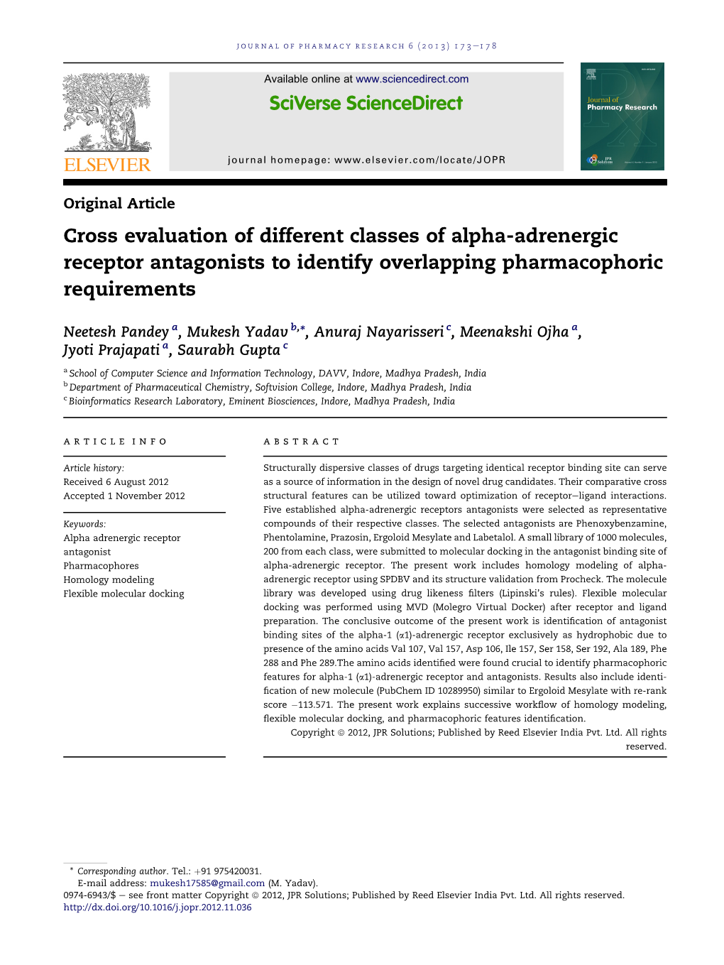 Cross Evaluation of Different Classes of Alpha-Adrenergic Receptor Antagonists to Identify Overlapping Pharmacophoric Requirements