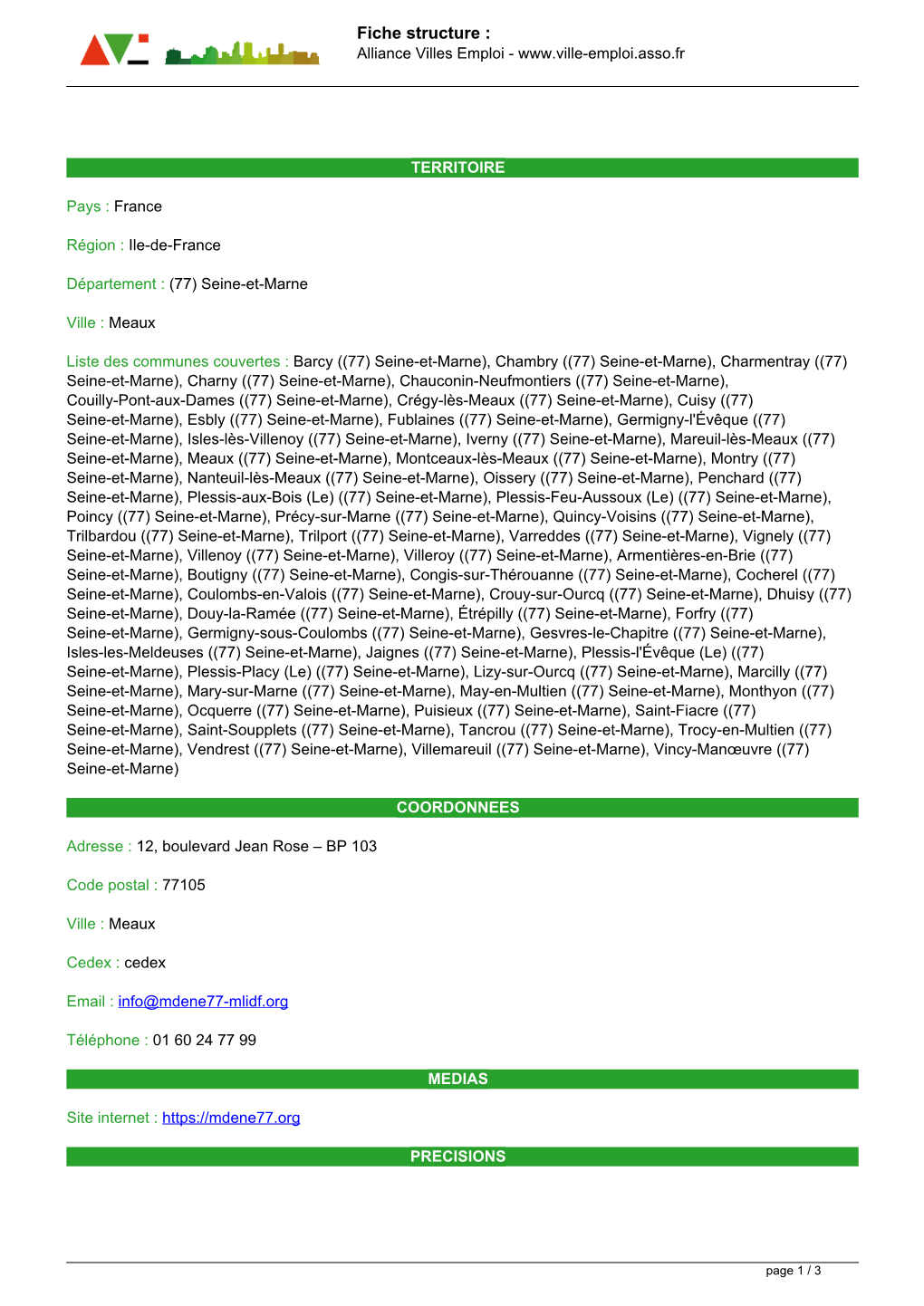 Fiche Structure : Alliance Villes Emploi