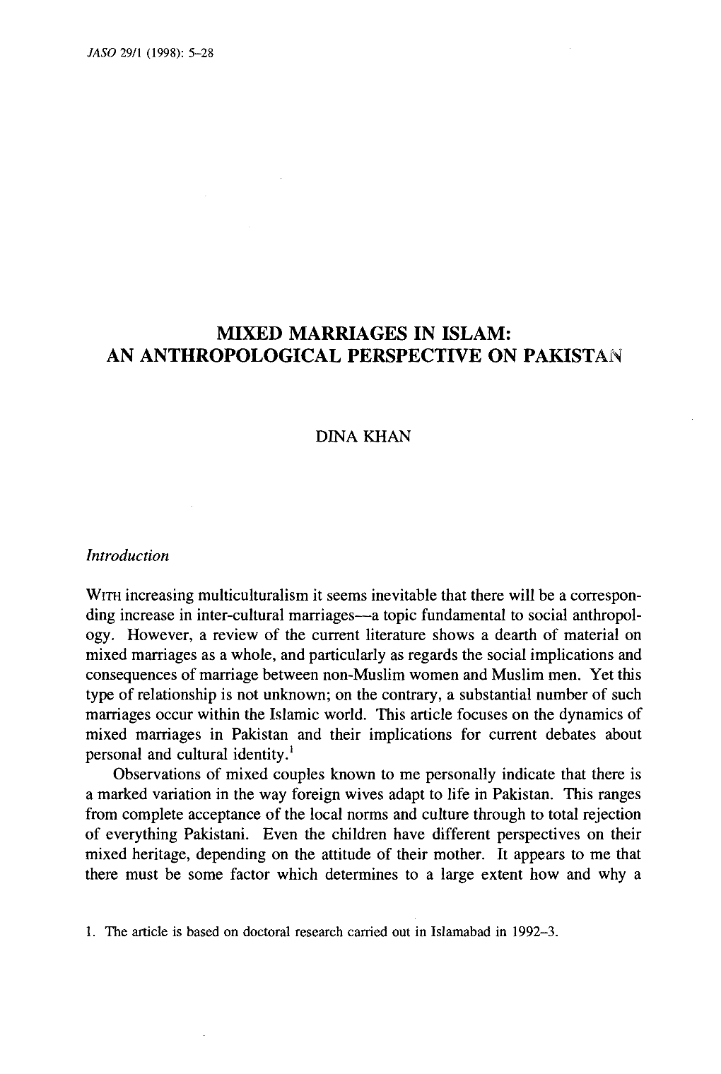 Mixed Marriages in Islam: an Anthropological Perspective on Pakistan