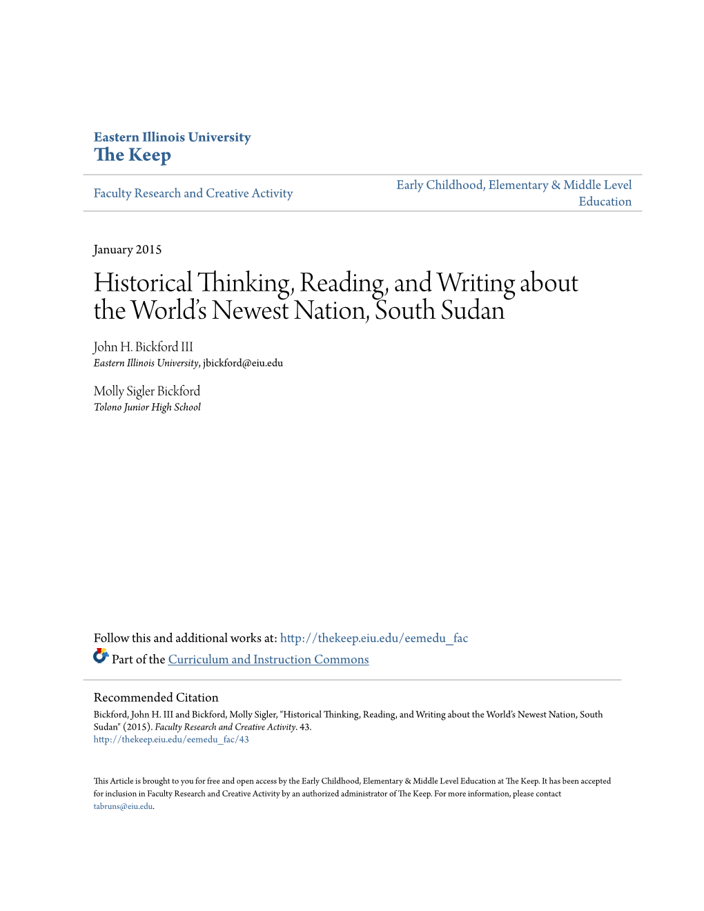 Historical Thinking, Reading, and Writing About the World's Newest